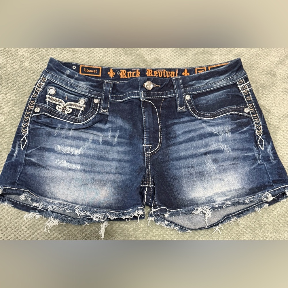 Rock Revival Distressed Dark Blue Jean Shorts